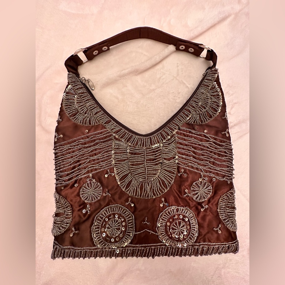 Chocolate satin beaded hono handbag | medium size